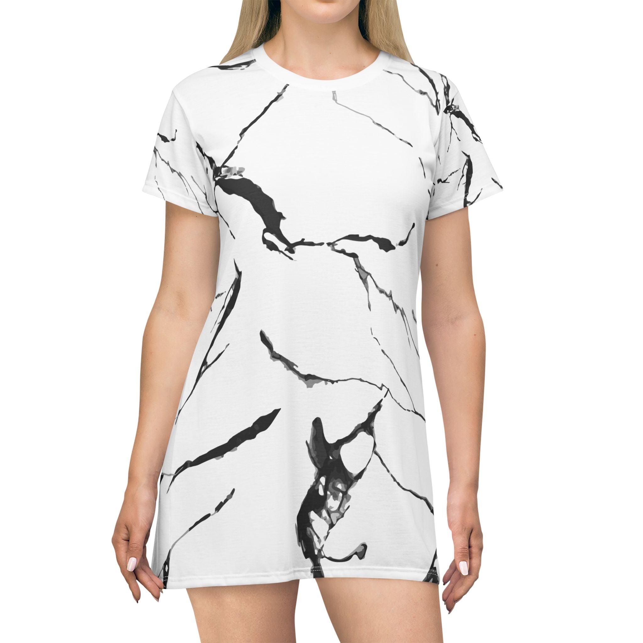 Chic Black and White Marble T-Shirt Dress for Casual Elegance